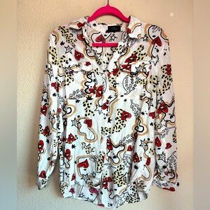 Milk & Honey Abstract Heart and Animal Print Button Down Pocketed Blouse M